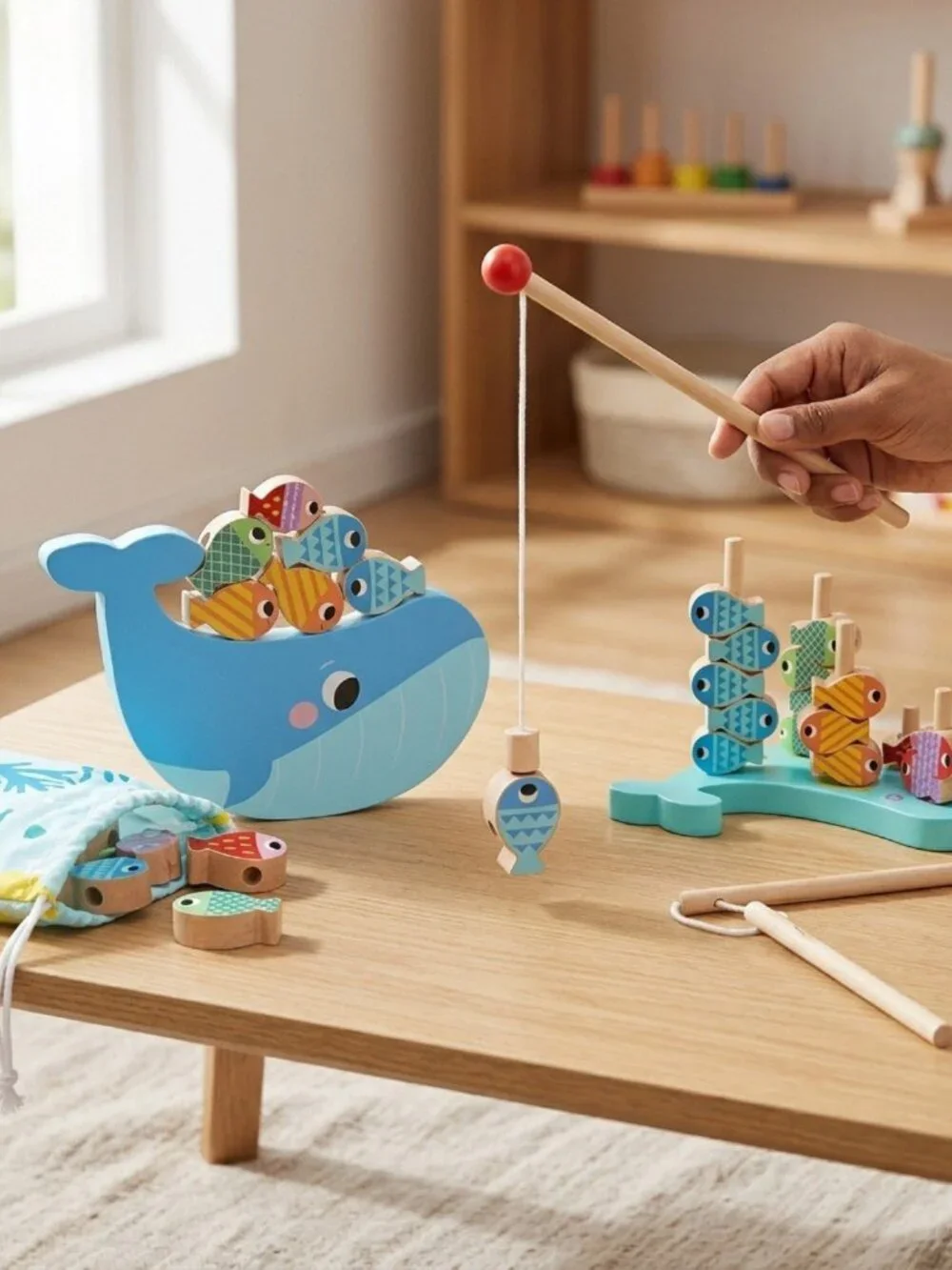 NEW Montessori Wooden Fishing Game Whale Toy Toddler Fine Motor Educational Toy